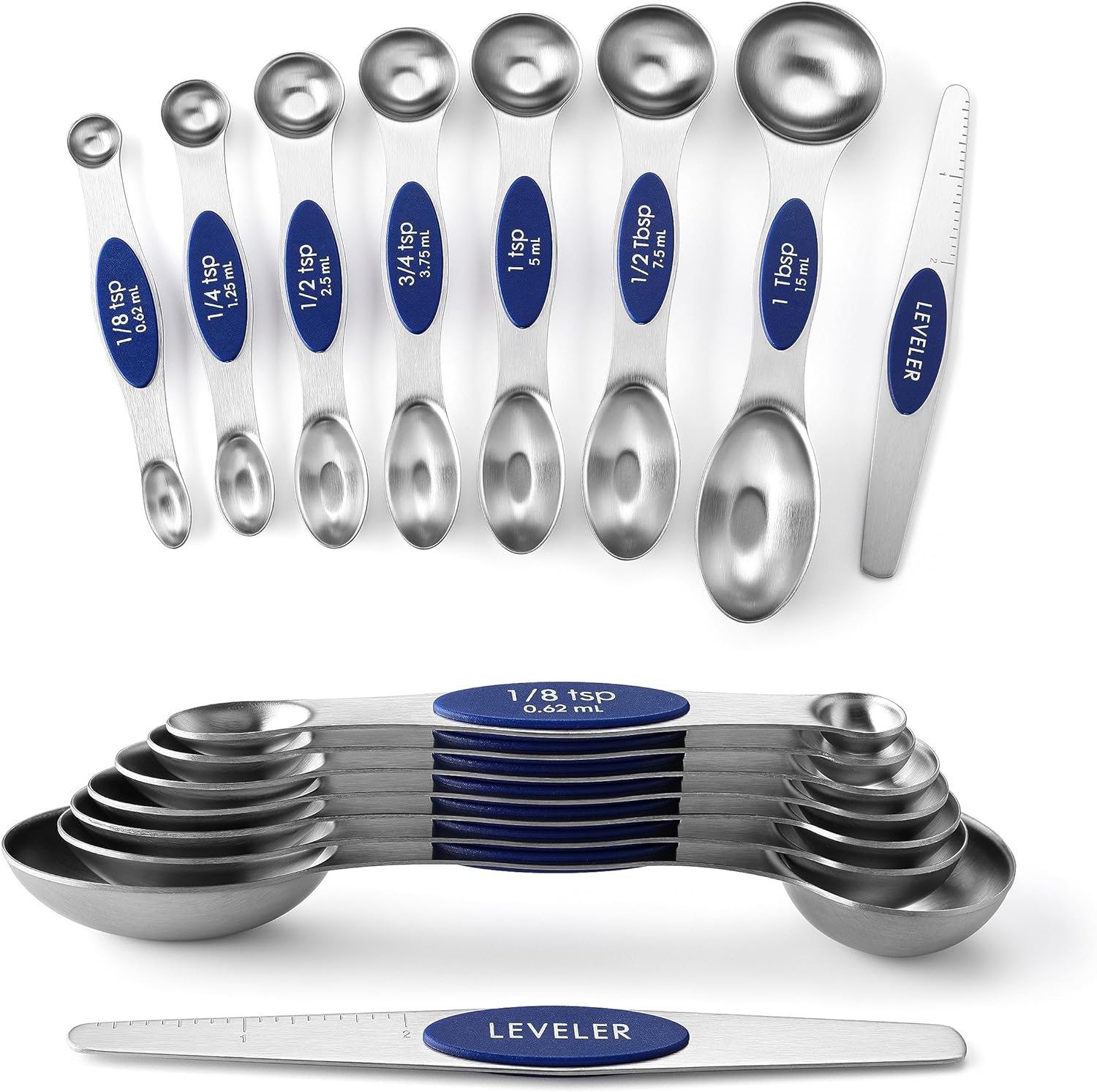 Magnetic Measuring Spoons Set with Strong N45 Magnets, Heavy Duty Stainless Steel Metal, Fits in Most Kitchen Spice Jars for Baking & Cooking, BPA Free, Black, Set of 8 with Leveler