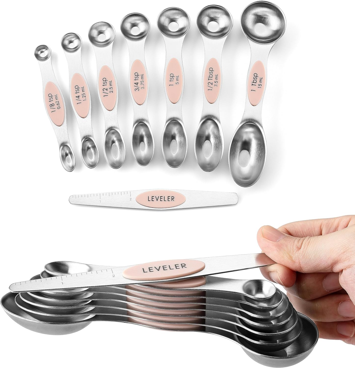 Magnetic Measuring Spoons Set with Strong N45 Magnets, Heavy Duty Stainless Steel Metal, Fits in Most Kitchen Spice Jars for Baking & Cooking, BPA Free, Black, Set of 8 with Leveler