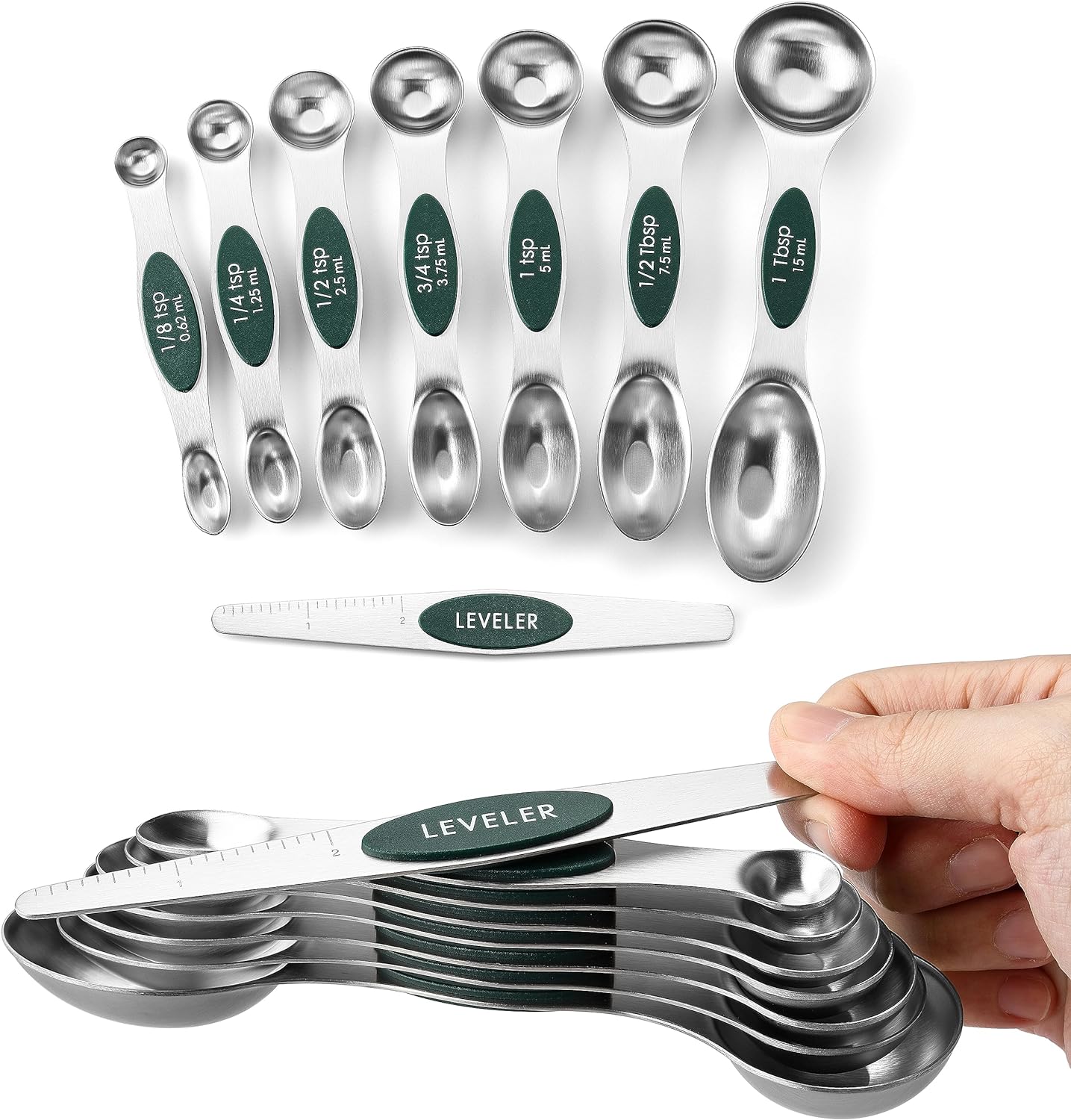 Magnetic Measuring Spoons Set with Strong N45 Magnets, Heavy Duty Stainless Steel Metal, Fits in Most Kitchen Spice Jars for Baking & Cooking, BPA Free, Black, Set of 8 with Leveler
