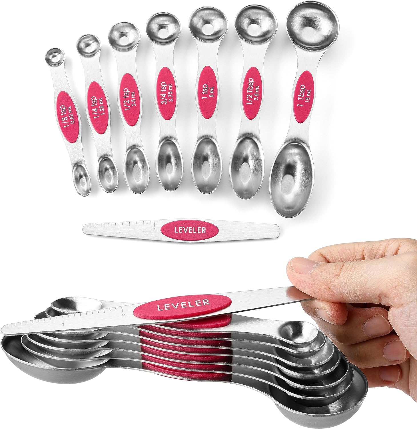 Magnetic Measuring Spoons Set with Strong N45 Magnets, Heavy Duty Stainless Steel Metal, Fits in Most Kitchen Spice Jars for Baking & Cooking, BPA Free, Black, Set of 8 with Leveler