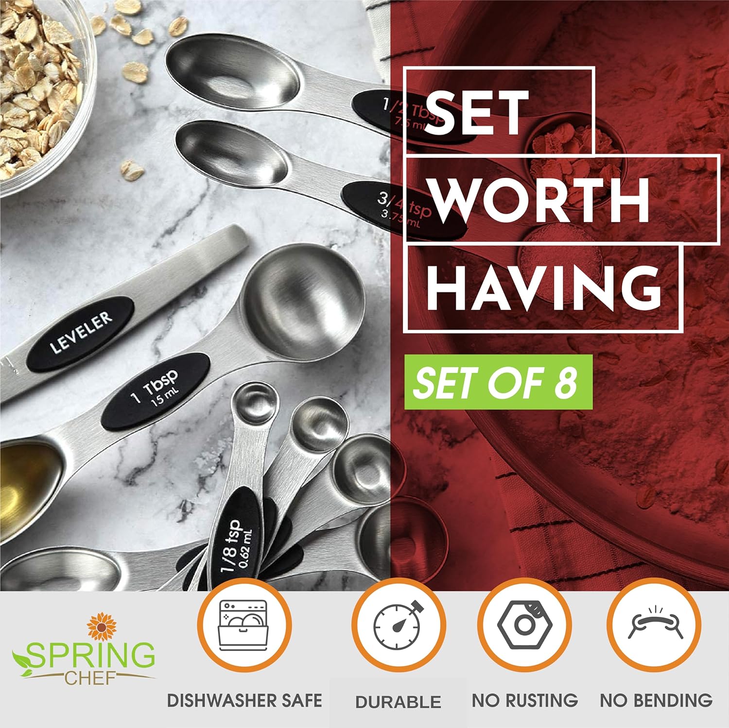 Magnetic Measuring Spoons Set with Strong N45 Magnets, Heavy Duty Stainless Steel Metal, Fits in Most Kitchen Spice Jars for Baking & Cooking, BPA Free, Black, Set of 8 with Leveler