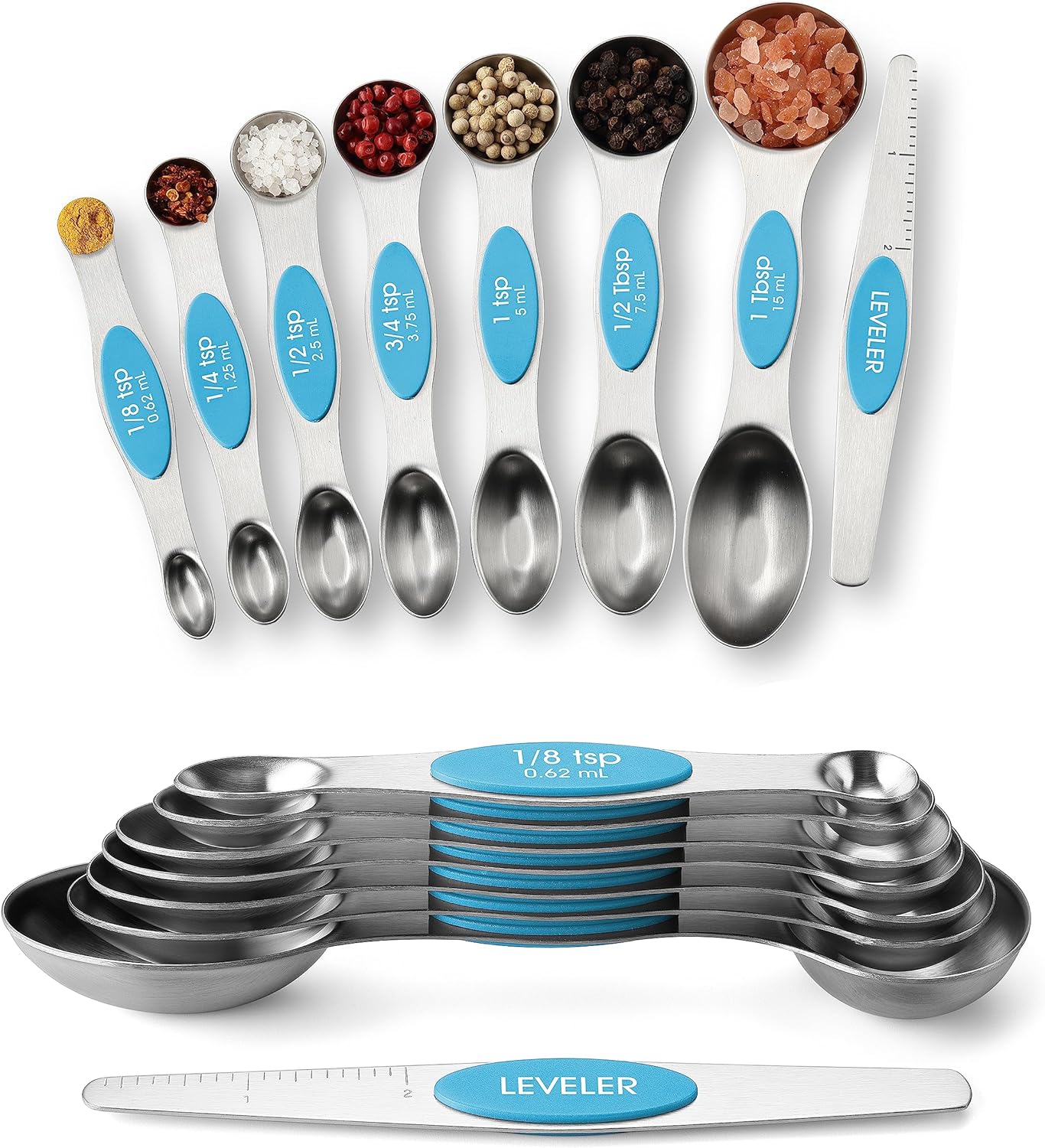 Magnetic Measuring Spoons Set with Strong N45 Magnets, Heavy Duty Stainless Steel Metal, Fits in Most Kitchen Spice Jars for Baking & Cooking, BPA Free, Black, Set of 8 with Leveler