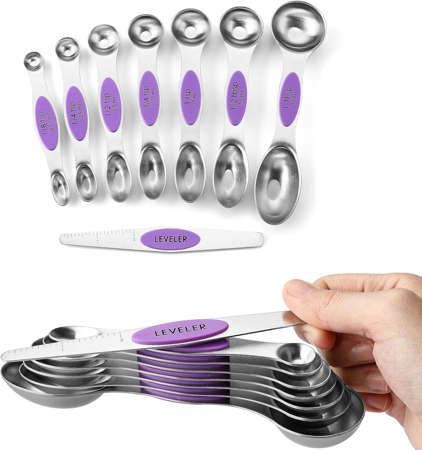 Magnetic Measuring Spoons Set with Strong N45 Magnets, Heavy Duty Stainless Steel Metal, Fits in Most Kitchen Spice Jars for Baking & Cooking, BPA Free, Black, Set of 8 with Leveler