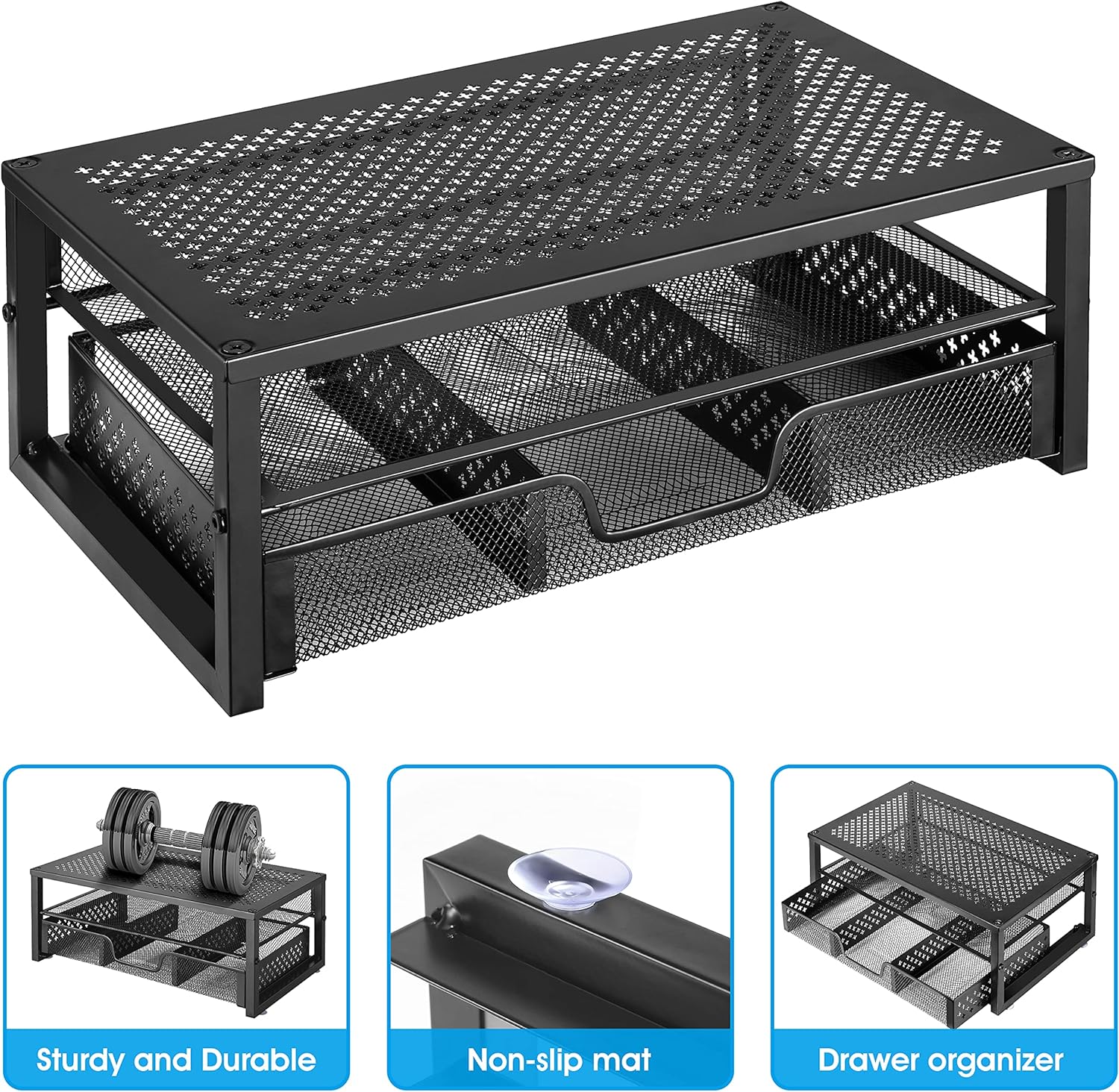 -Metal Monitor Stand Riser and Computer Desk Organizer with Drawer for Laptop, Computer, Imac, Black
