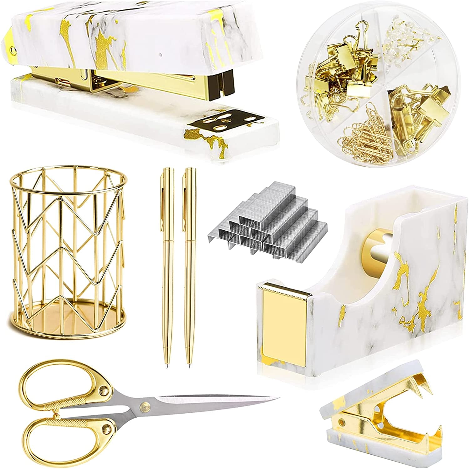 Rose Gold Desk Accessories,Office Supplies Set Acrylic Stapler Set Staple Remover, Tape Holder, 2 Ballpoint Pen, Scissor, Binder/Paper Clips and 1000Pcs Staples.