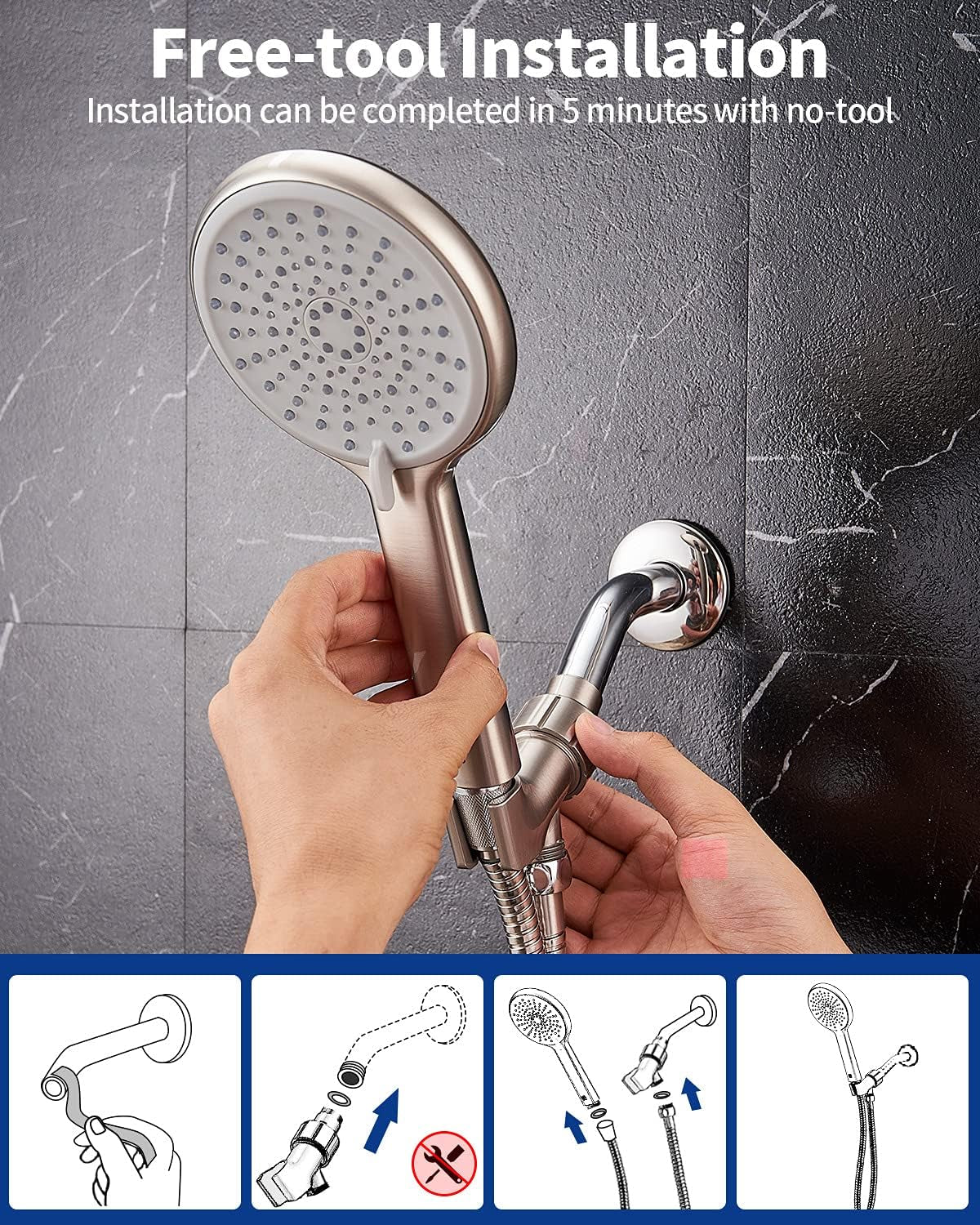 High Pressure Handheld Shower Head 4-Setting Shower Head Kit - Jet Water Mode - with 59" Stainless Hose and Adjustable Mount Excellent Replacement for Bath Showerhead (HM-001 Brushed Nickel)