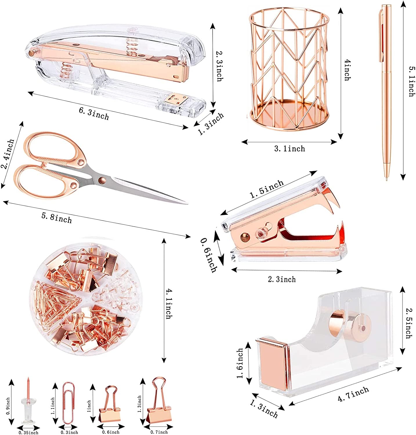 Rose Gold Desk Accessories,Office Supplies Set Acrylic Stapler Set Staple Remover, Tape Holder, 2 Ballpoint Pen, Scissor, Binder/Paper Clips and 1000Pcs Staples.