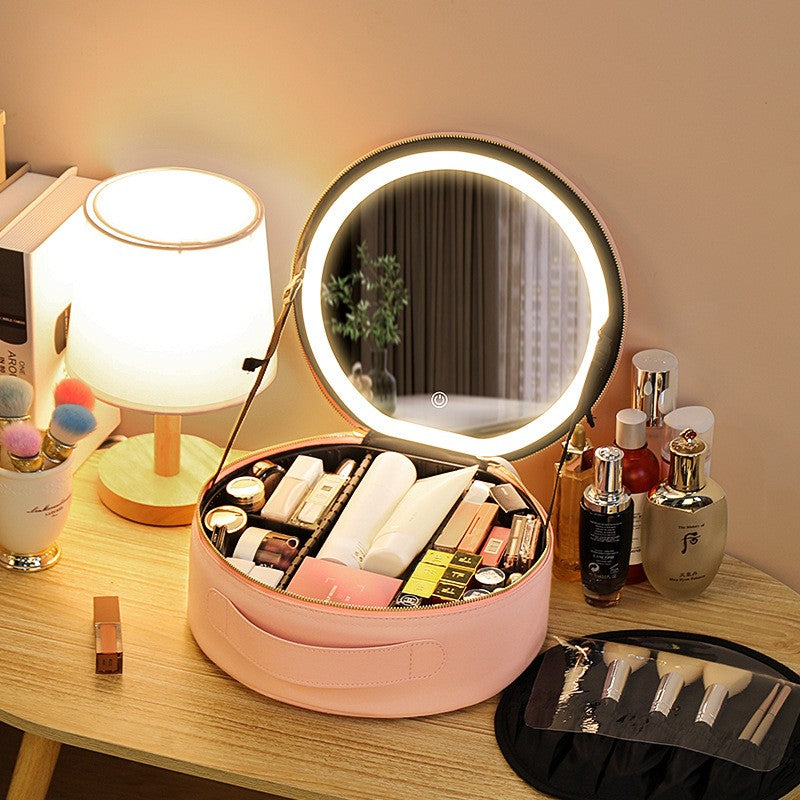 LED PU Leather Travel Cosmetic Bag with Mirror