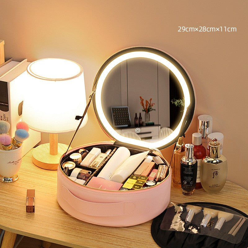 LED PU Leather Travel Cosmetic Bag with Mirror