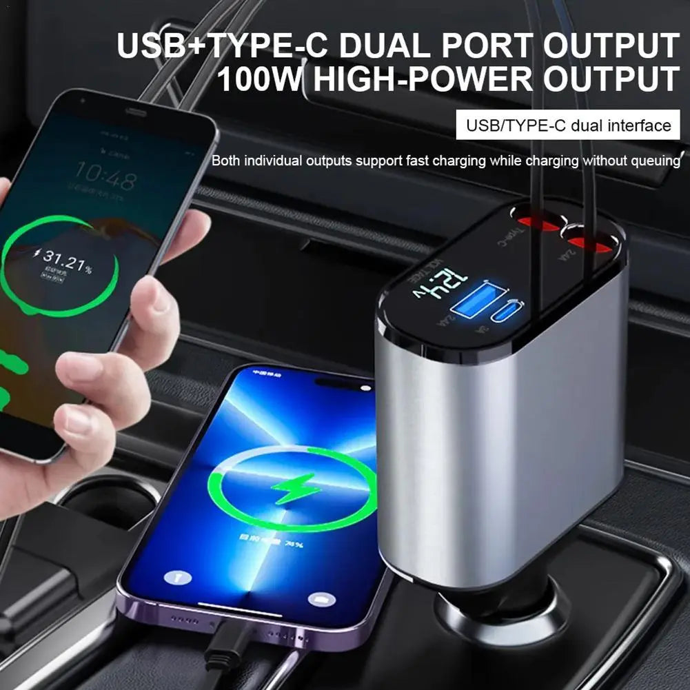 "Power Flex 100W: The Ultimate 4-in-1 Retractable Car Charger for On-the-Go Efficiency!"