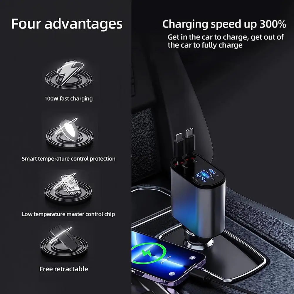 "Power Flex 100W: The Ultimate 4-in-1 Retractable Car Charger for On-the-Go Efficiency!"