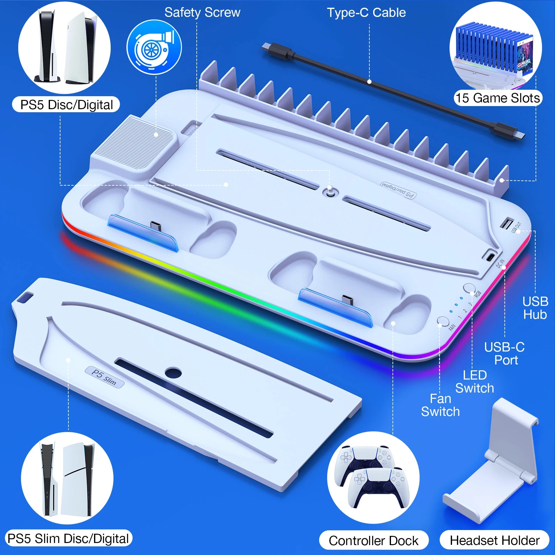 PS5 Slim Cooling Stand with RGB Light Fan