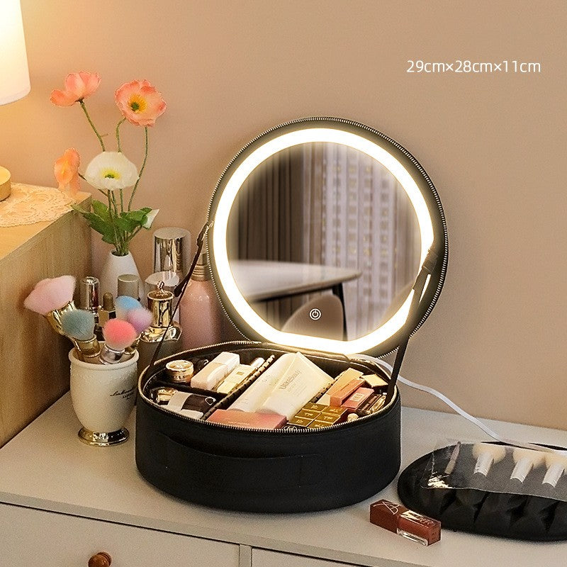 LED PU Leather Travel Cosmetic Bag with Mirror