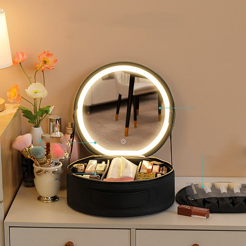 LED PU Leather Travel Cosmetic Bag with Mirror