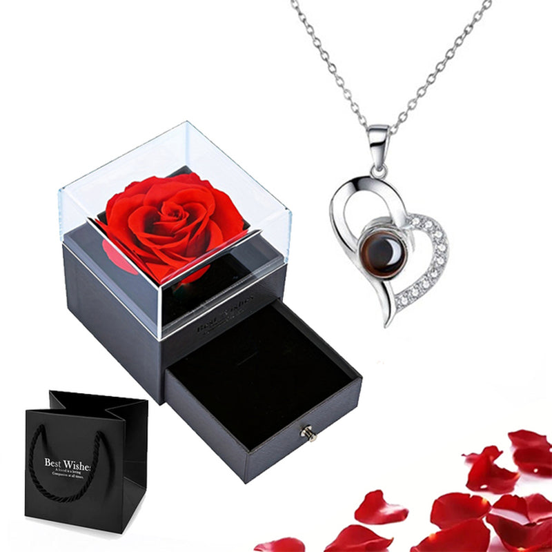 Projection Necklace Set with Rose Gift Box 100 Languages I Love You Heart Pendant Jewelry 2023 Hot Sale Accessories Dropshipping