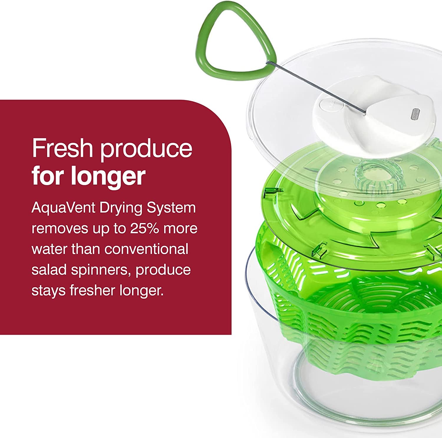 Easy Spin 2 Aquavent Salad Spinner - BPA Free Lettuce & Vegetable Spinner - Easy Spin Lettuce Dryer - Salad Spinner with Aquavent Drying System - 4-6 Serving Salad Dryer - Green, Large