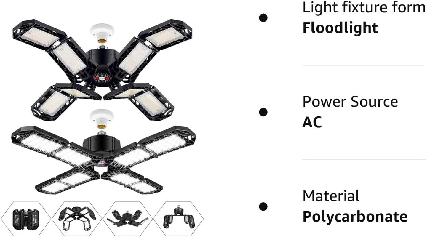 2 Pack LED Garage Light,Super Bright Screw in E26/E27 Ceiling Shop Work Lamp, 150W 15000 Lumen Deformable Basement Bulb Fixture with 8 Adjustable Panels.