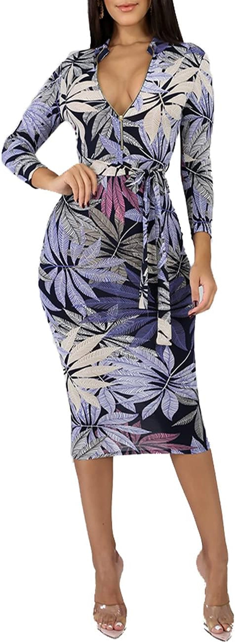 Bodycon Dresses for Women Casual Floral Prints Long Sleeve Slim Fit Elegant Club Dress