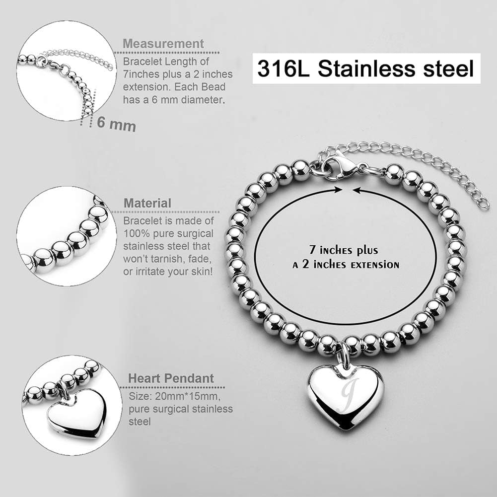 Initial Bracelet for Women Girls A-Z Letters Alphabet Heart Charm Bead Ball Chain 6MM Stainless Steel 7Inch with Extension Gifts for Girls Women