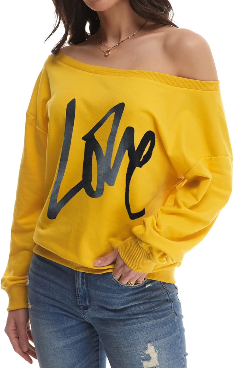 Womens Oversized Sweatshirt Love Letter Printed off Shoulder Sweatshirt Loose Slouchy Pullover Tops