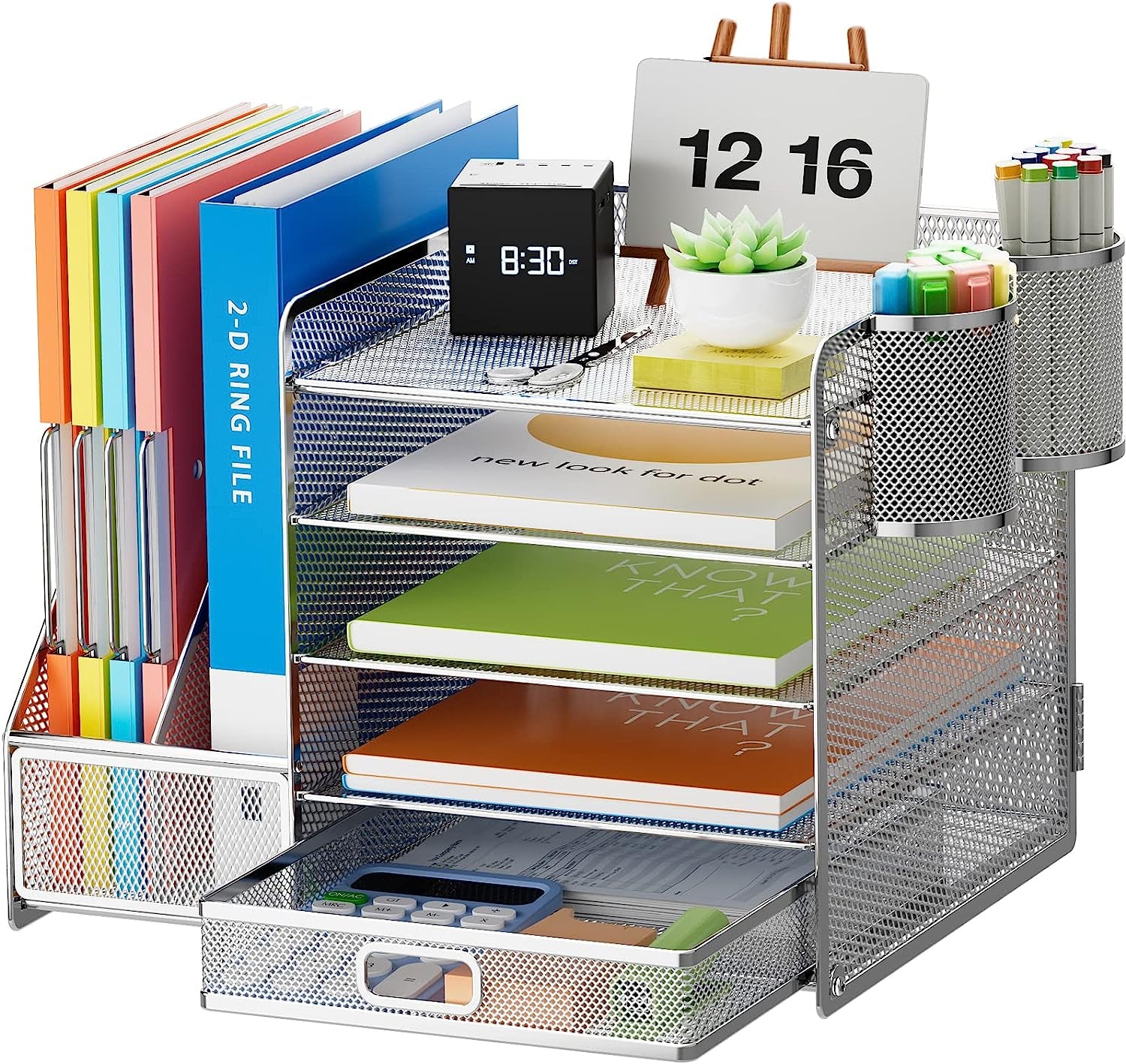 Desk Organizer with File Holder, 5-Tier Paper Letter Tray Organizer with Drawer and 2 Pen Holder, Mesh Desktop Organizer and Storage with Magazine Holder for Office Supplies(Black)