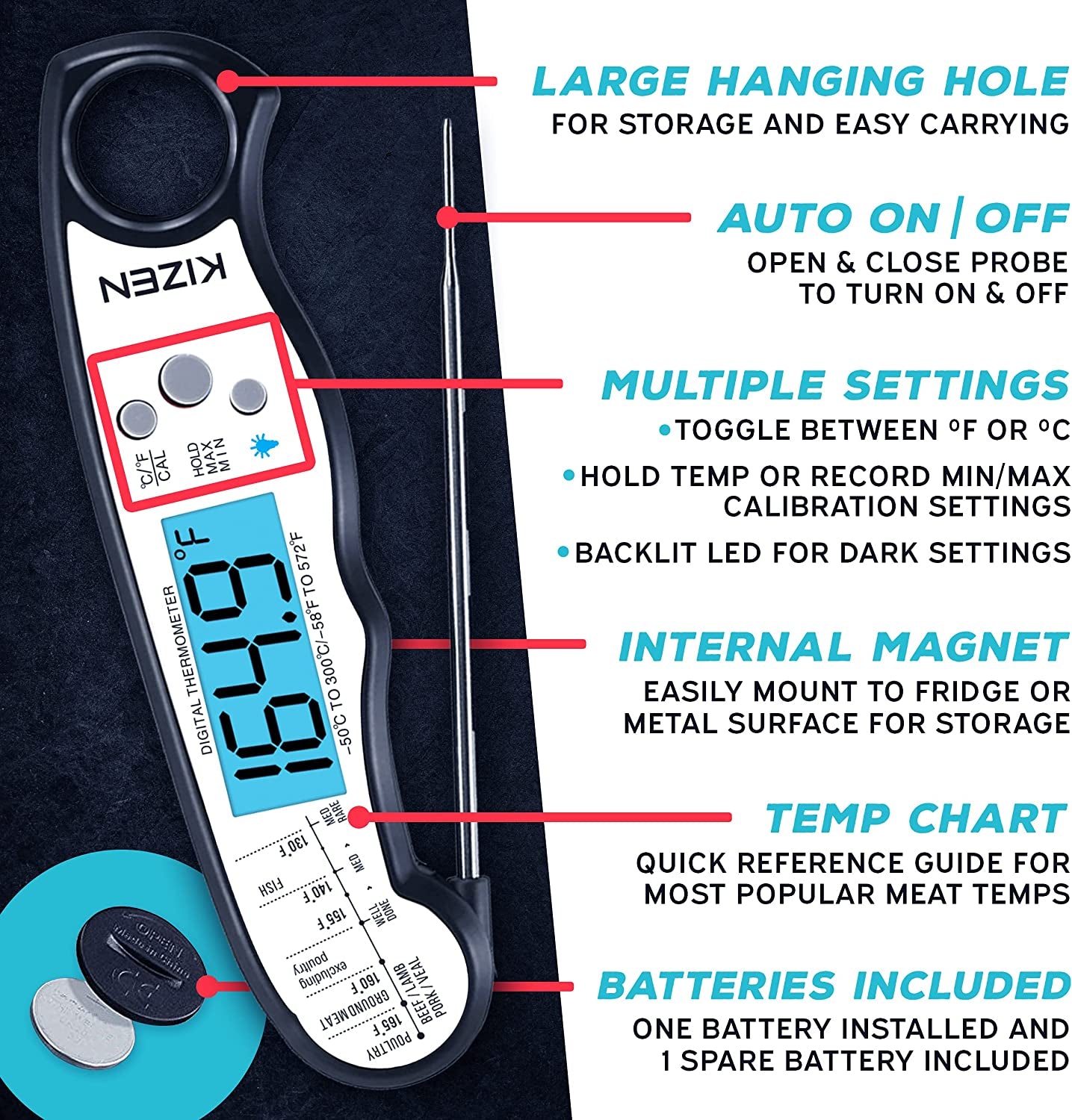 Digital Meat Thermometer with Probe - Instant Read Food Thermometer for Cooking, Grilling, BBQ, Baking, Liquids, Candy, Deep Frying, and More - Black/White