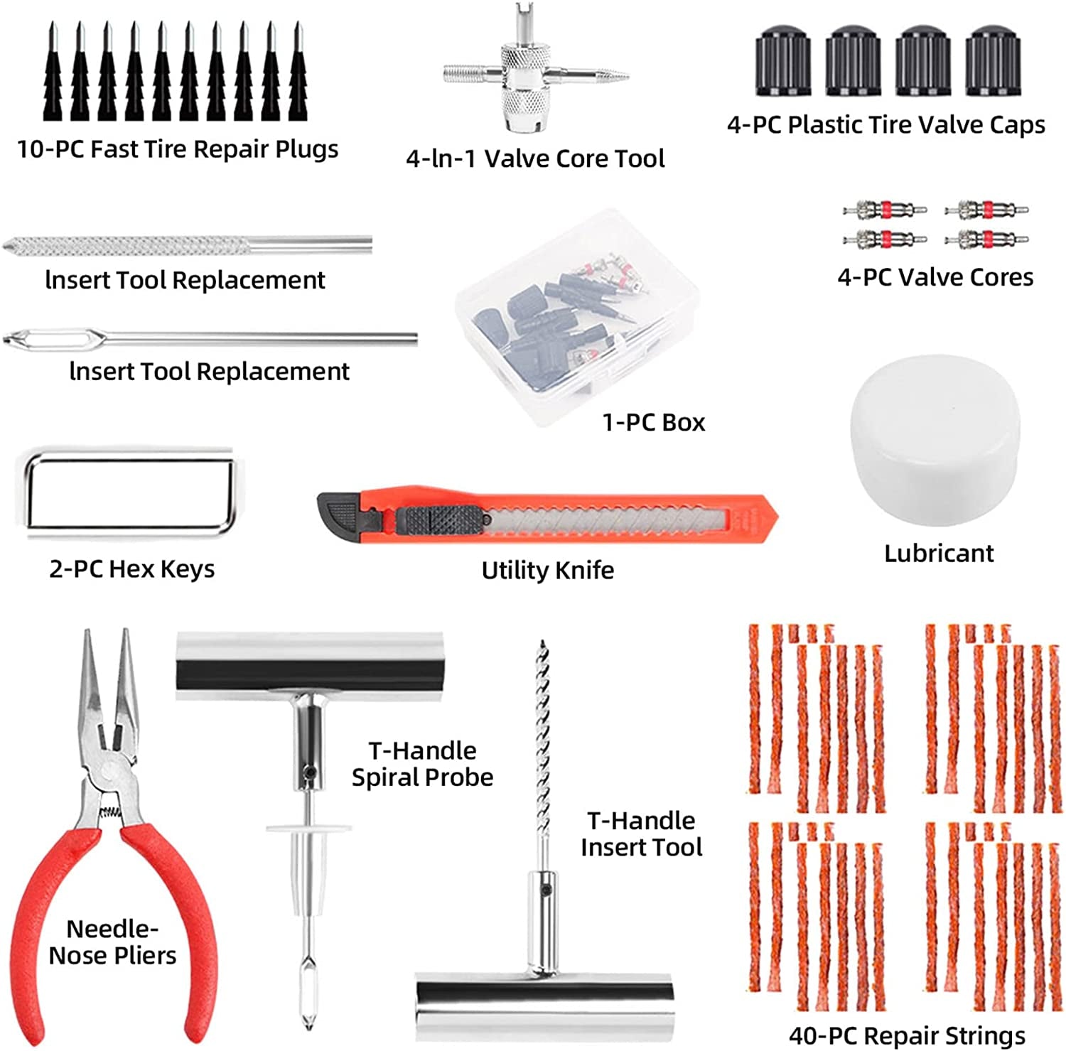 70PCS Tire Repair Kit, Professional Heavy Duty Tire Plug Kit, Tire Patch Kit for Fix a Flat, Tubeless Tire Puncture Change Tool Kit for Car, Motorcycle, Truck, ATV, Tractor, RV, SUV, Trailer