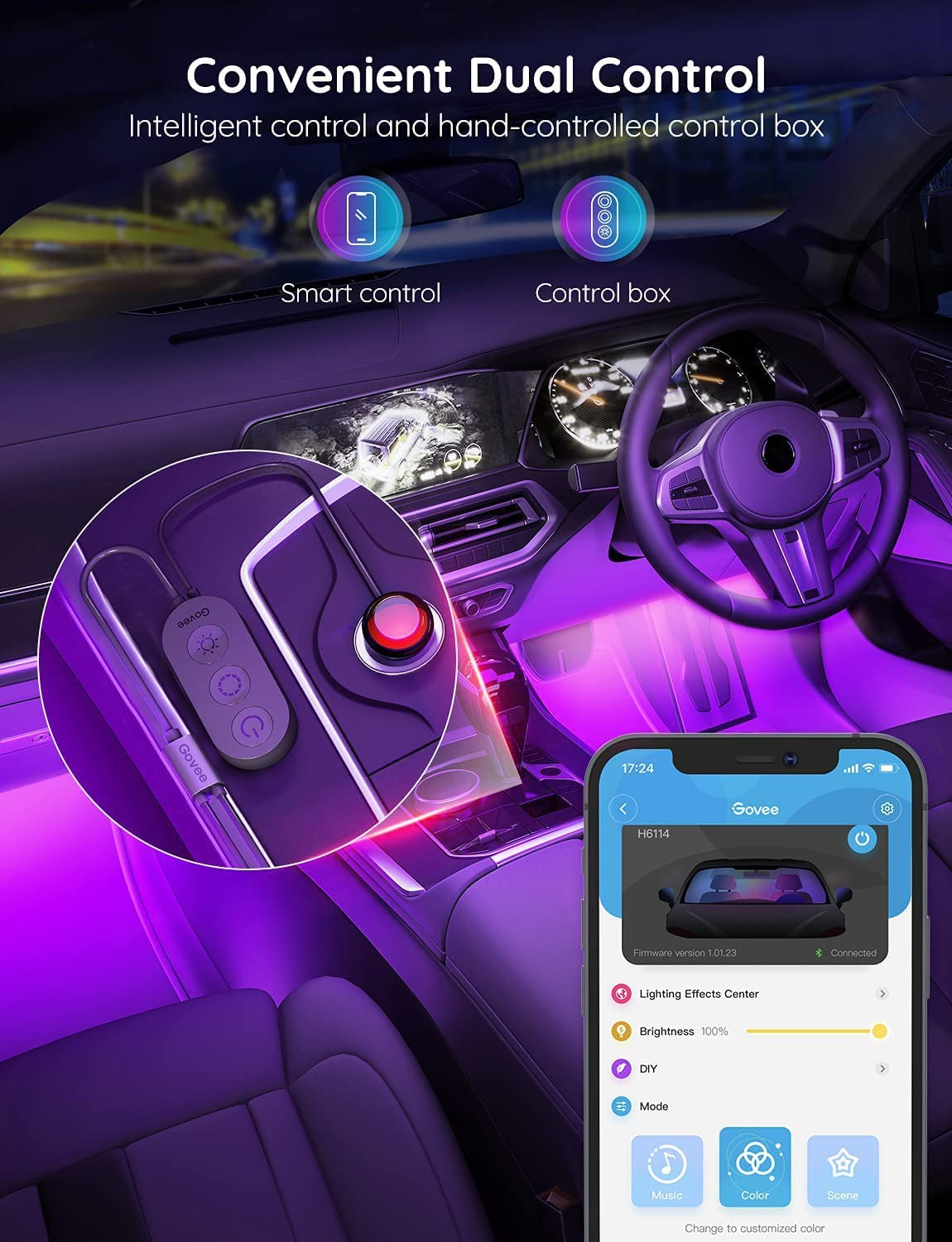 Car LED Lights, Smart Interior Lights with App Control, RGB inside Car Lights with DIY Mode and Music Mode, 2 Lines Design for Cars with Car Charger, DC 12V