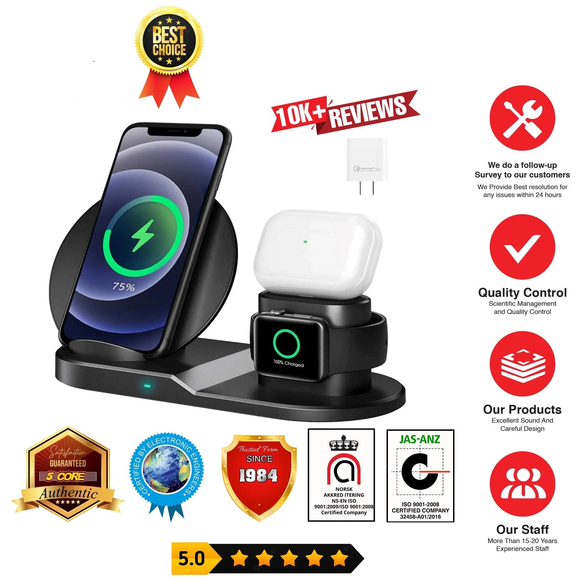 5 Core Wireless Charging Station 3 in 1 Wireless Charger Stand QI Fast Wireless Charging W Dual Coil for Samsung Iphone for Apple Watch Airpod -WCR 3