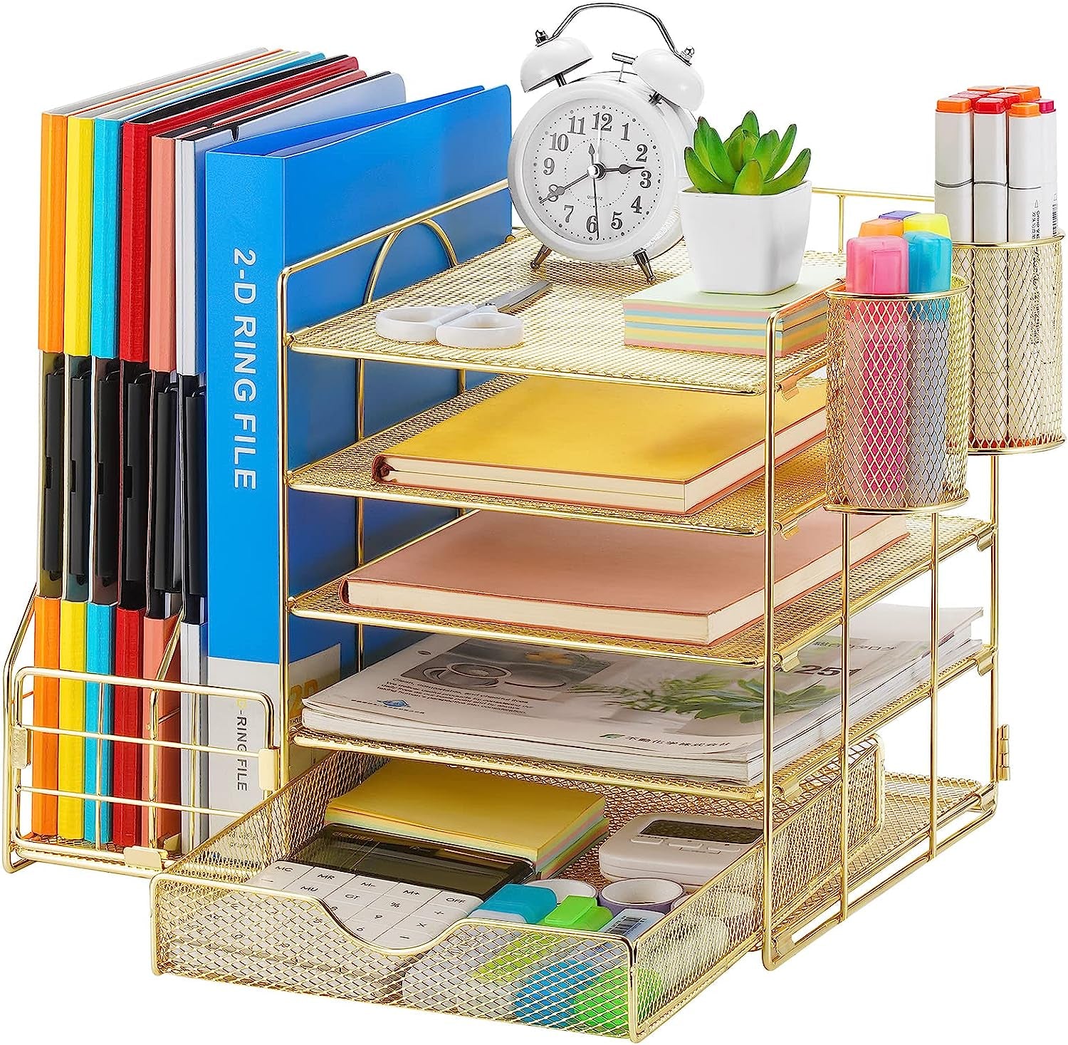 Desk Organizer with File Holder, 5-Tier Paper Letter Tray Organizer with Drawer and 2 Pen Holder, Mesh Desktop Organizer and Storage with Magazine Holder for Office Supplies(Black)