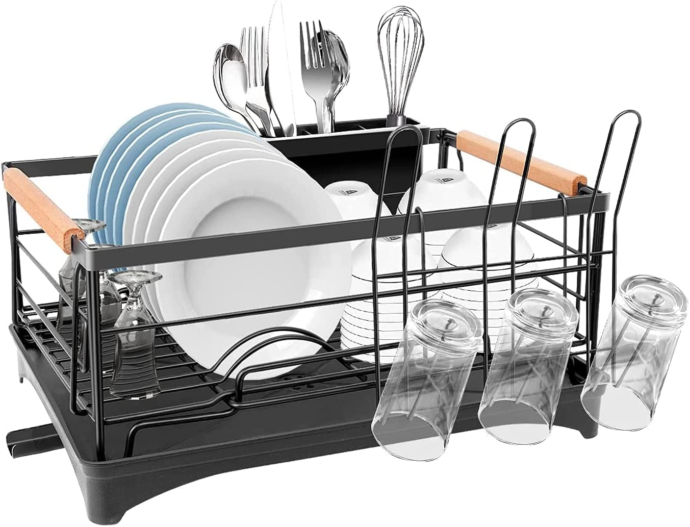 Dish Drying Rack, Dish Rack for Kitchen Counter, Rust-Proof Dish Drainer with Drying Board and Utensil Holder for Kitchen Counter Cabinet, 16.6” L× 12.6”W× 7.8”H, Black