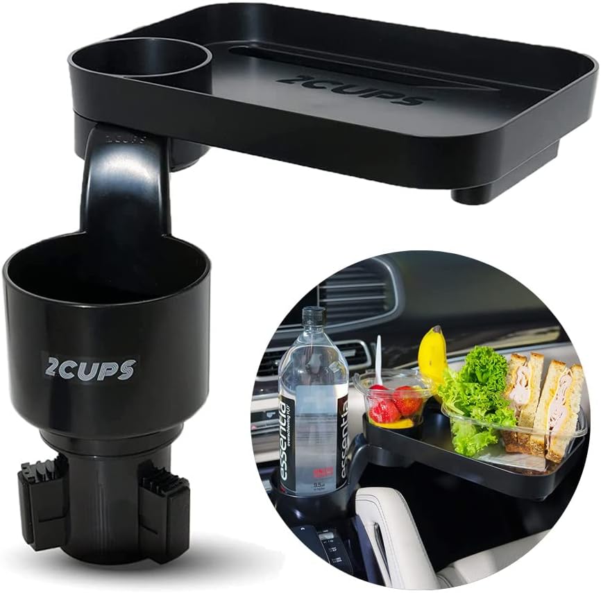 Car Cup Holder Expander and Attachable Tray, Fits Yeti/Hydroflasks/Nalgene 16-40 Oz. Dual Cup Holder with Adjustable Swivel Tray. Organizer Table for Car, Truck, Automotive
