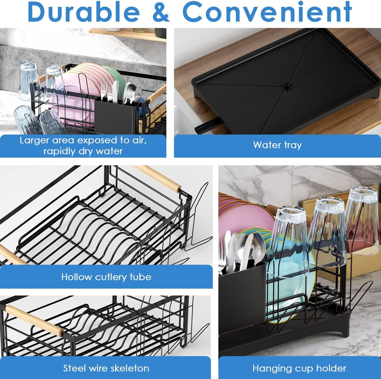 Dish Drying Rack, Dish Rack for Kitchen Counter, Rust-Proof Dish Drainer with Drying Board and Utensil Holder for Kitchen Counter Cabinet, 16.6” L× 12.6”W× 7.8”H, Black