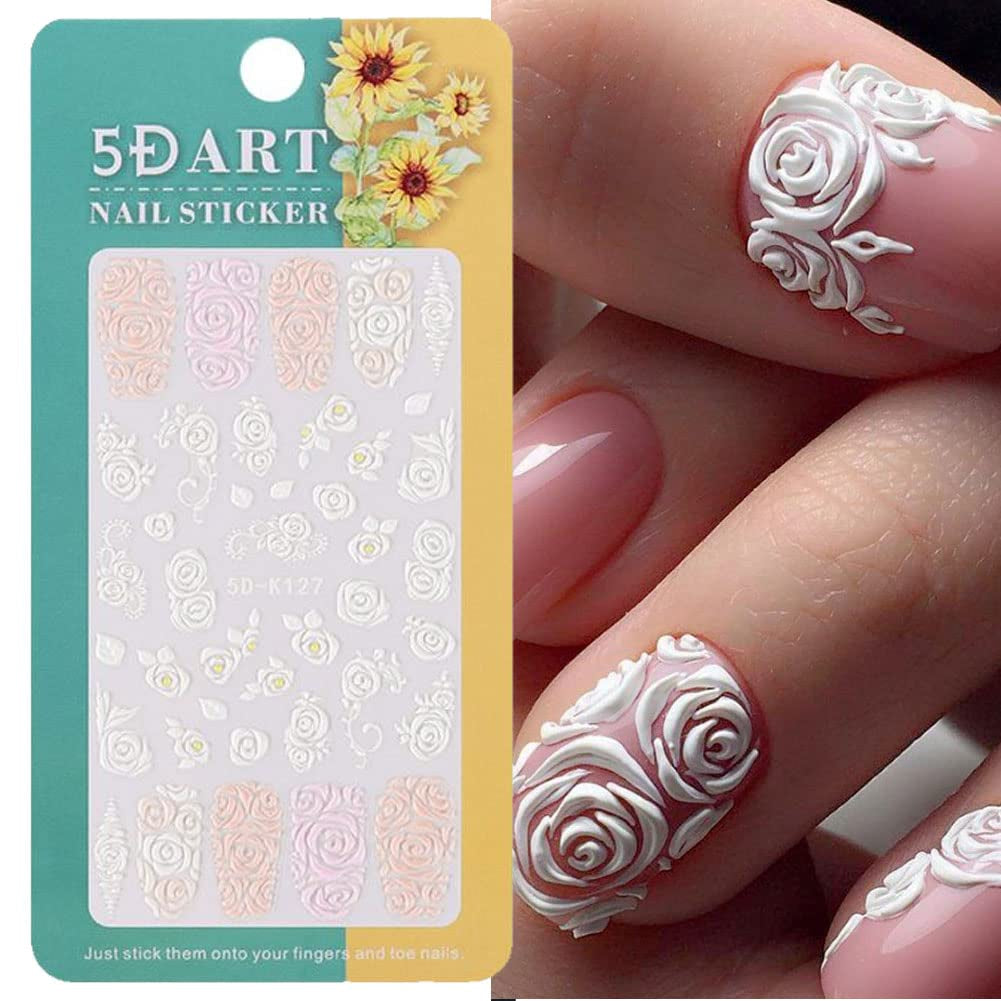 3Pcs Valentine'S Day Nail Art Stickers Decals 5D Engraved Flower Rose Ribbon Sliders for Nail Art Decoration Valentines Day Wedding Embossed Design Accessory (Valentine'S Day)