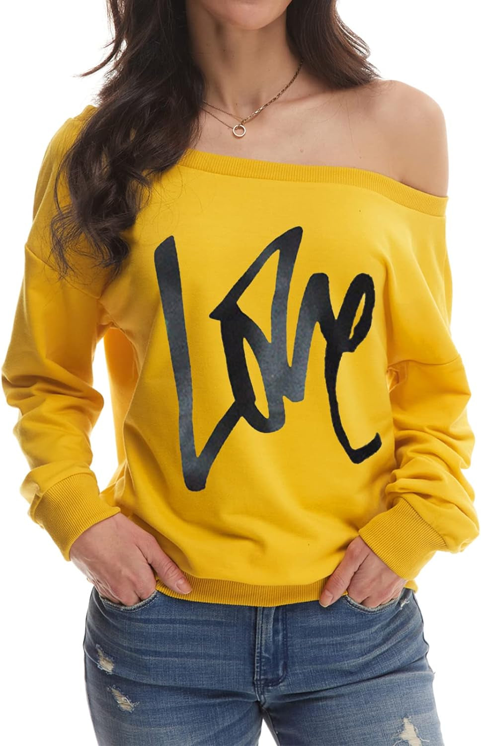 Womens Oversized Sweatshirt Love Letter Printed off Shoulder Sweatshirt Loose Slouchy Pullover Tops