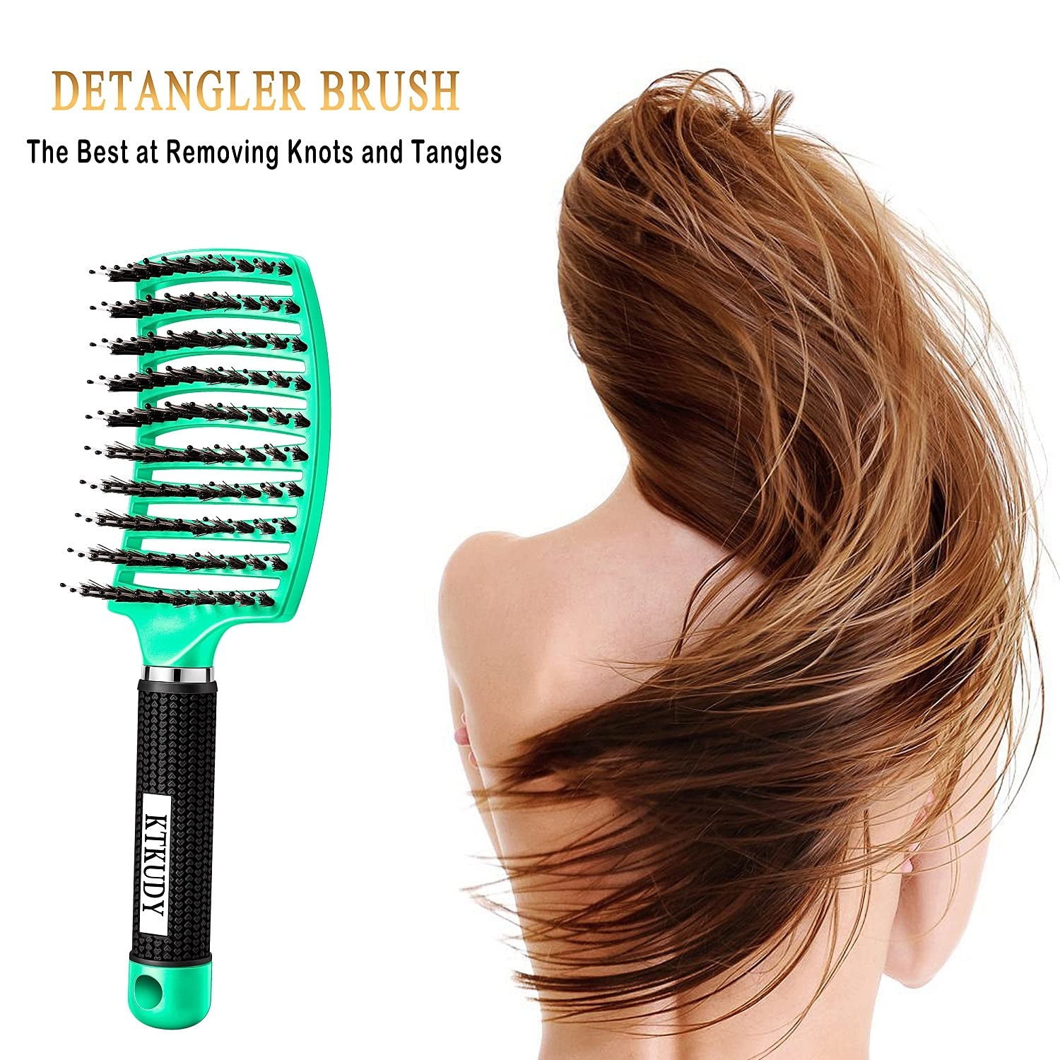 Detangling Brush Boar Bristles Hair Make Shiny & Healthier Curved and Vented Detangler for Women Men Kids Wet Dry (Light Green)