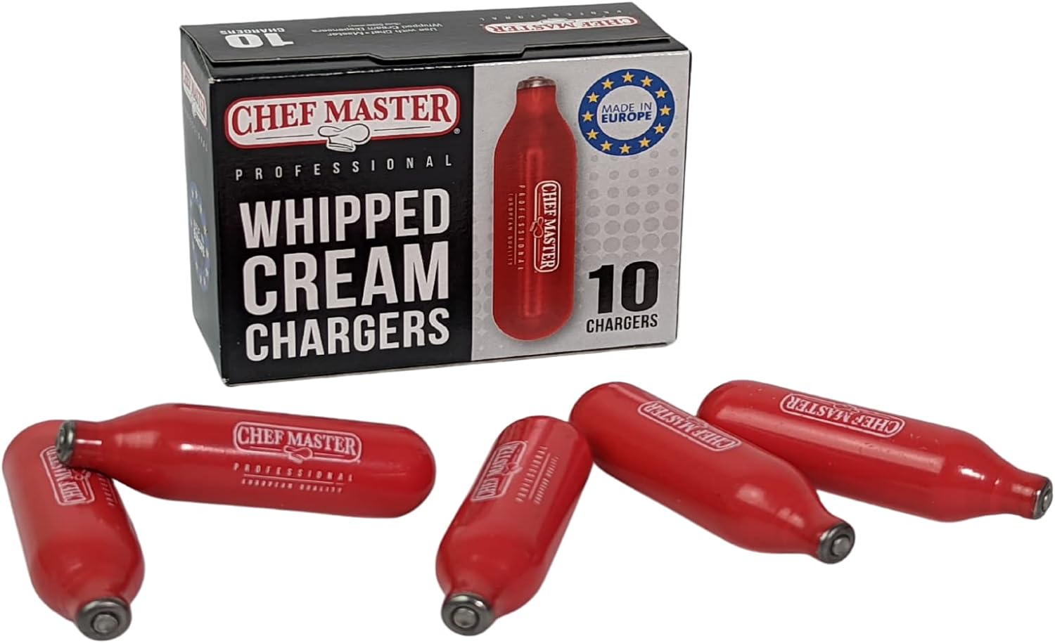Chef-Master Whipped Cream Chargers, Nitrous Oxide Whipped Cream Cartridge PACK of 10, Whip Cream Dispensers Chargers, Made in Europe