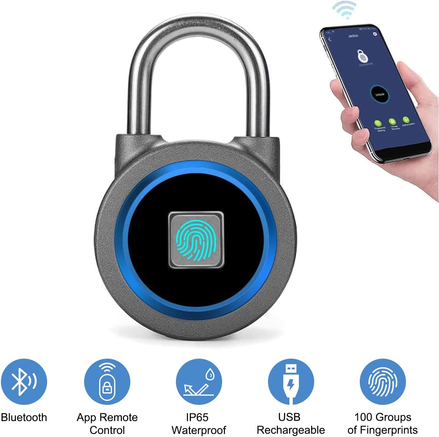 Fingerprint Padlock, Bluetooth Lock, Mobile APP,  Smart Padlock with Keyless Biometric, Water Resistant, Suitable for Gym, Sports, Bike, School, Fence and Storage(Blue)