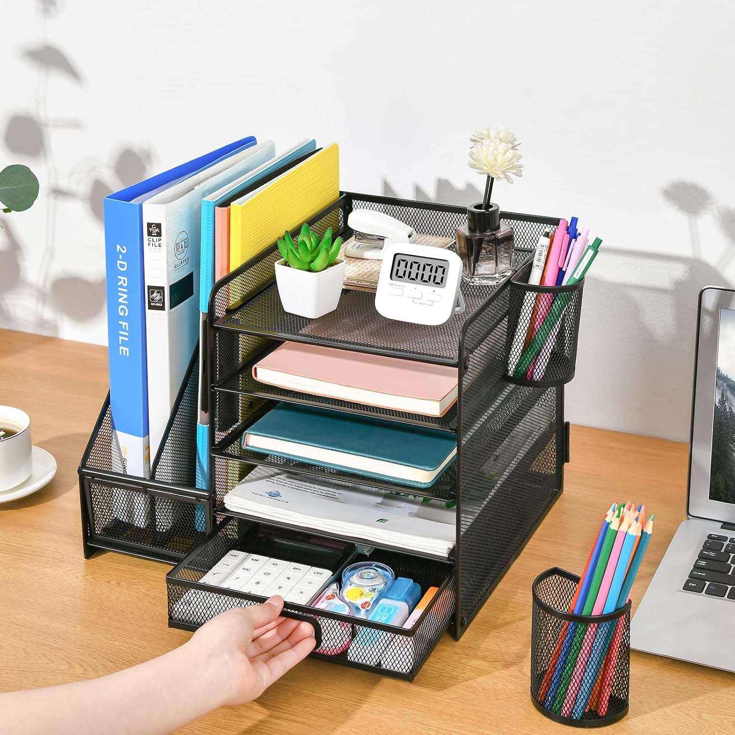 Desk Organizer with File Holder, 5-Tier Paper Letter Tray Organizer with Drawer and 2 Pen Holder, Mesh Desktop Organizer and Storage with Magazine Holder for Office Supplies(Black)