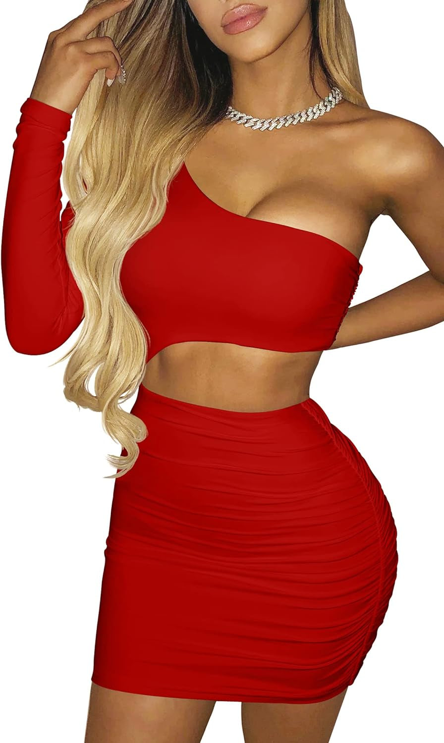 Women'S Sexy off the Shoulder One Sleeve Cut Out Ruched Mini Party Club Dress