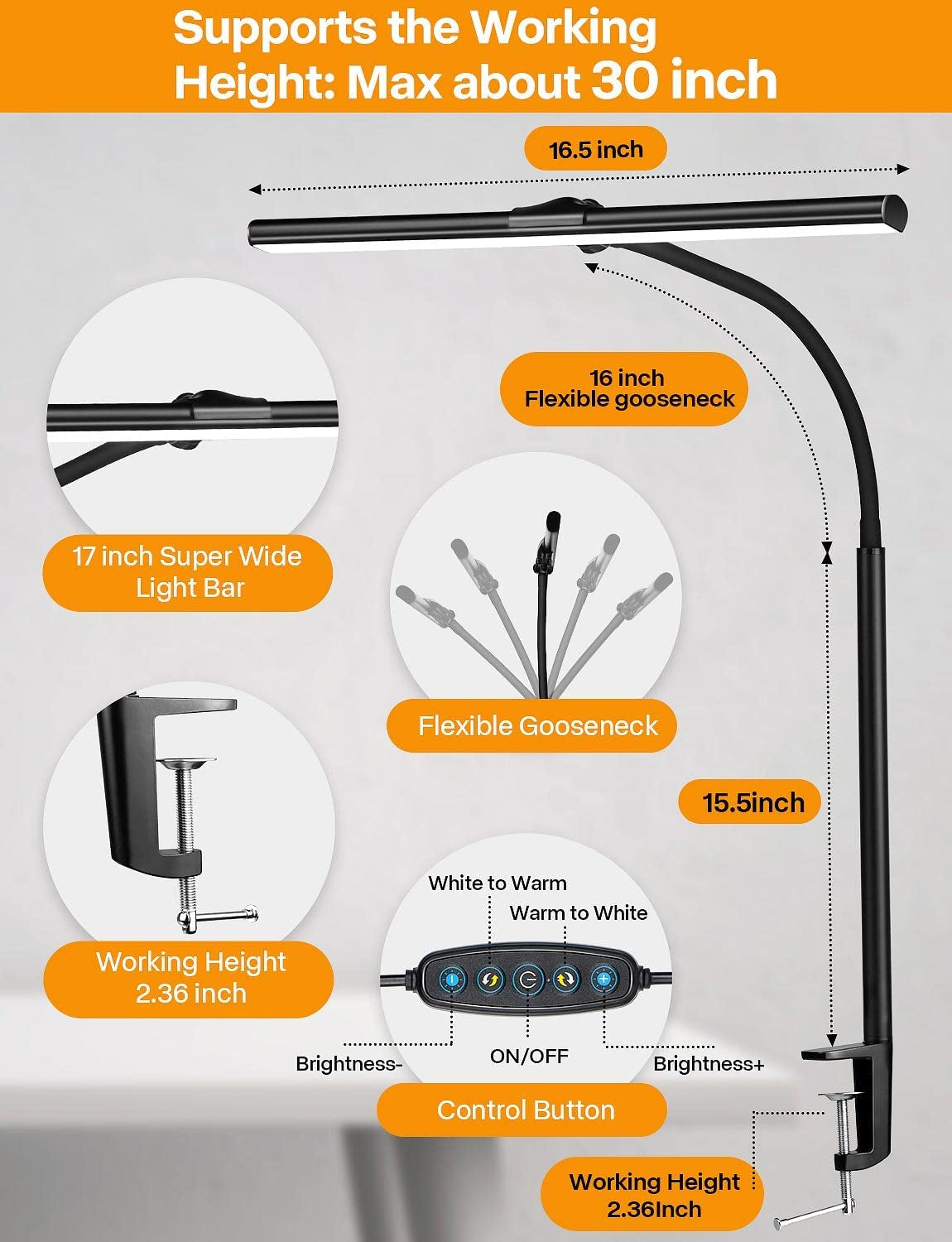 LED Desk Lamp for Office Home - Eye-Caring Architect Task Lamp 25 Lighting Modes Adjustable Flexible Gooseneck Clamp Light for Workbench Drafting Reading Study (Black)