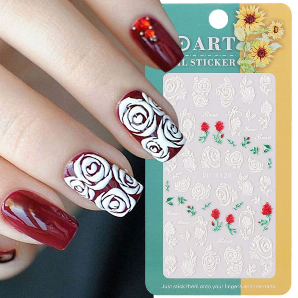 3Pcs Valentine'S Day Nail Art Stickers Decals 5D Engraved Flower Rose Ribbon Sliders for Nail Art Decoration Valentines Day Wedding Embossed Design Accessory (Valentine'S Day)