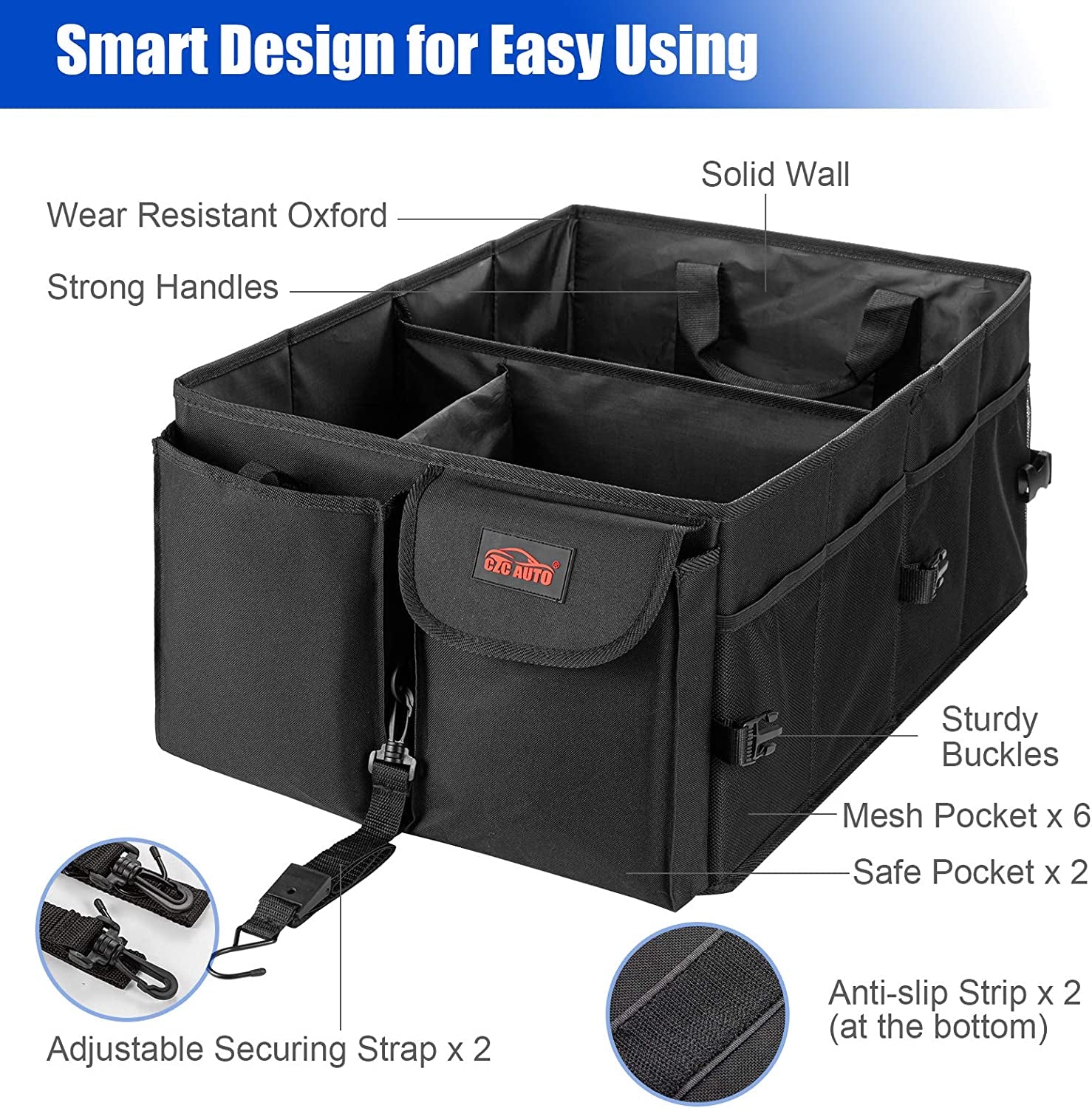 Car Trunk Organizer Premium Collapsible/Foldable Cargo Trunk Storage Organizer with 3 Compartments, Large Capacity for Car SUV Truck