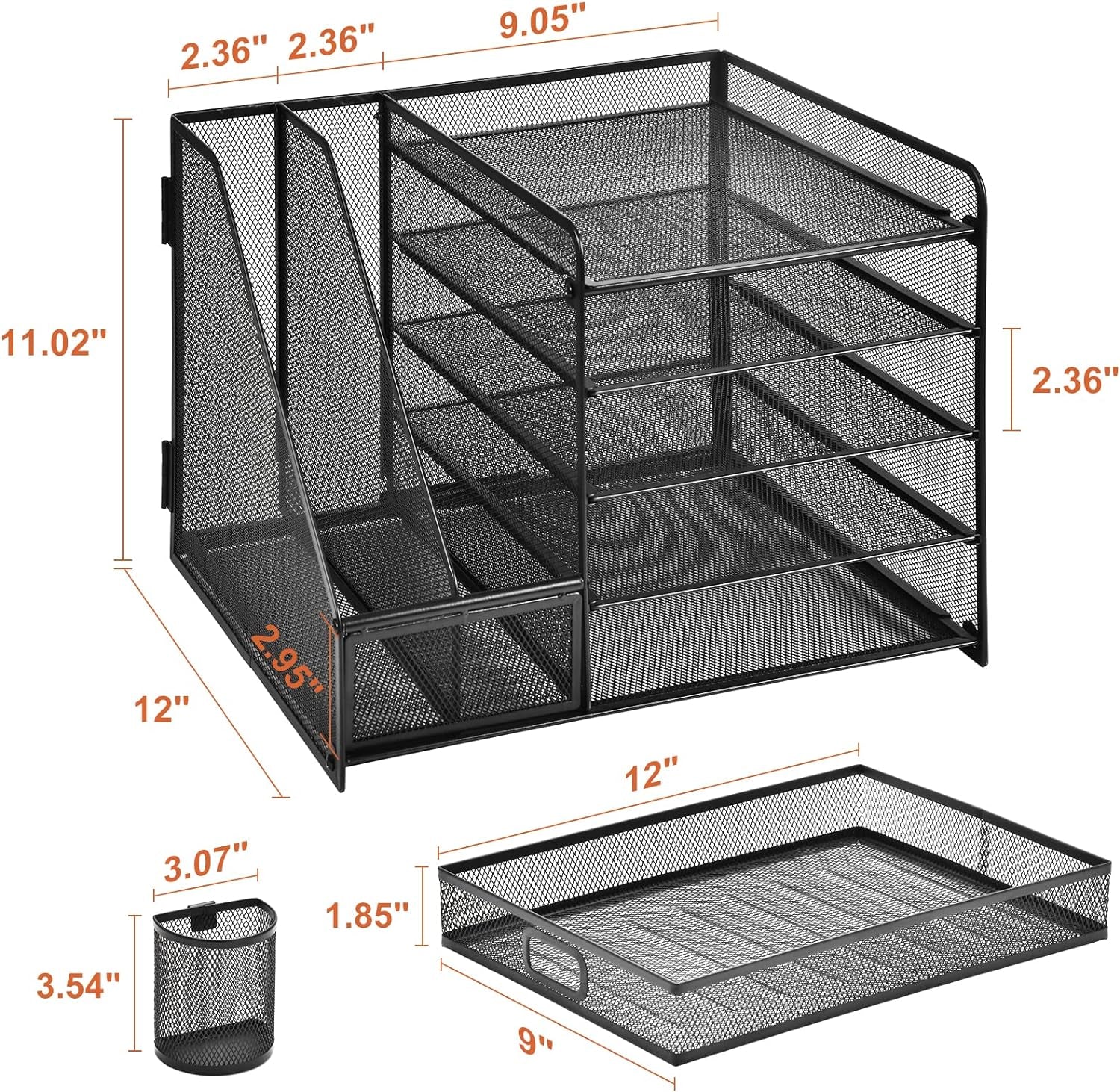 Desk Organizer with File Holder, 5-Tier Paper Letter Tray Organizer with Drawer and 2 Pen Holder, Mesh Desktop Organizer and Storage with Magazine Holder for Office Supplies(Black)