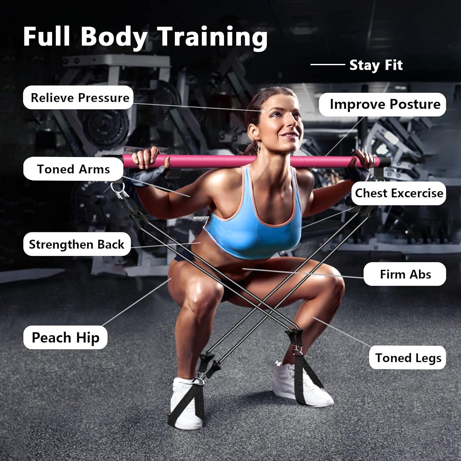 Pilates Bar Kit with Resistance Bands,3-Section Pilates Bar with Stackable Bands Workout Equipment for Legs,Hip,Waist and Arm,Exercise Fitness Equipment for Women & Men Home Gym Yoga Pilates
