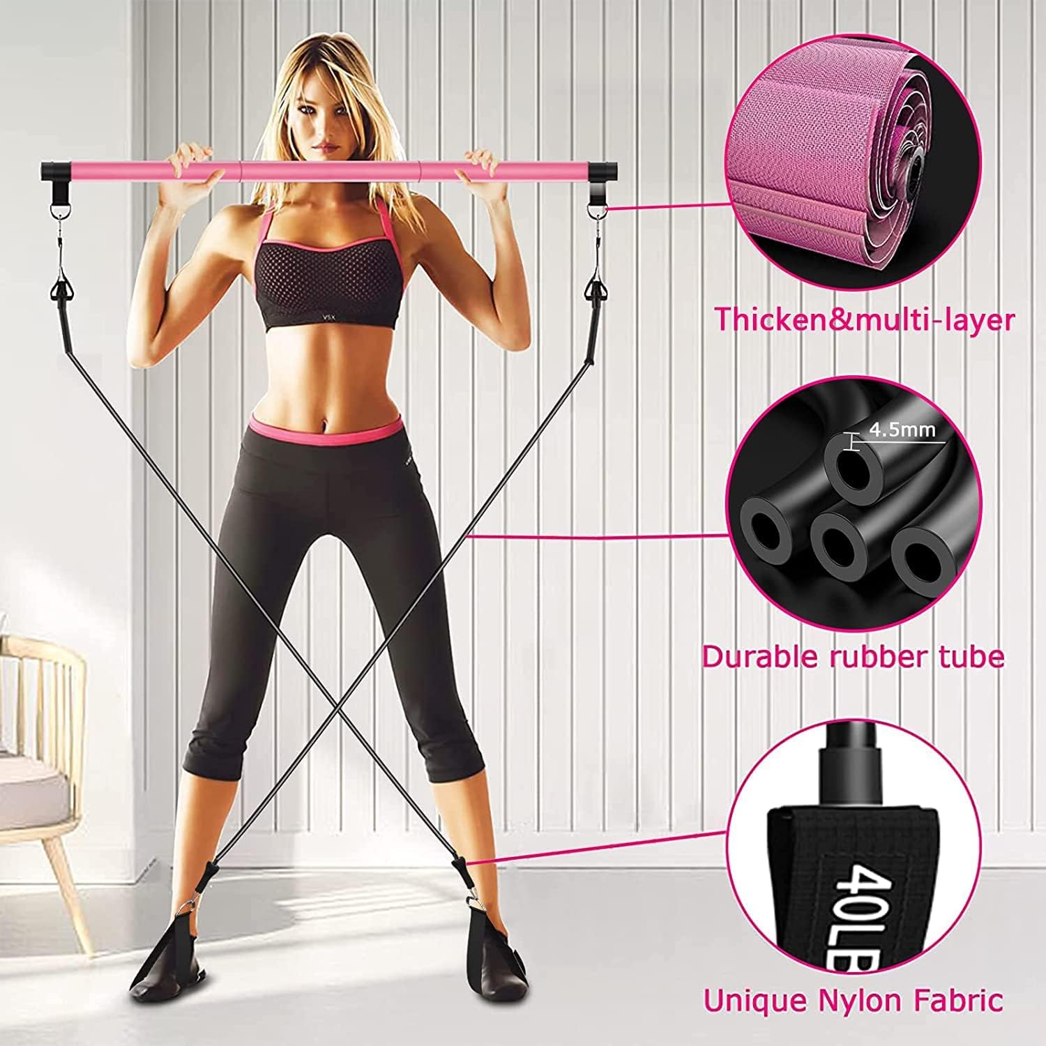Pilates Bar Kit with Resistance Bands,3-Section Pilates Bar with Stackable Bands Workout Equipment for Legs,Hip,Waist and Arm,Exercise Fitness Equipment for Women & Men Home Gym Yoga Pilates
