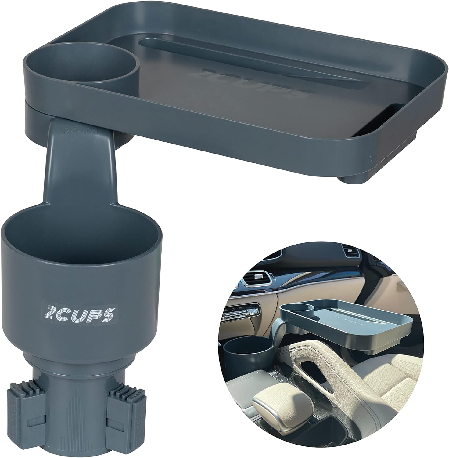 Car Cup Holder Expander and Attachable Tray, Fits Yeti/Hydroflasks/Nalgene 16-40 Oz. Dual Cup Holder with Adjustable Swivel Tray. Organizer Table for Car, Truck, Automotive