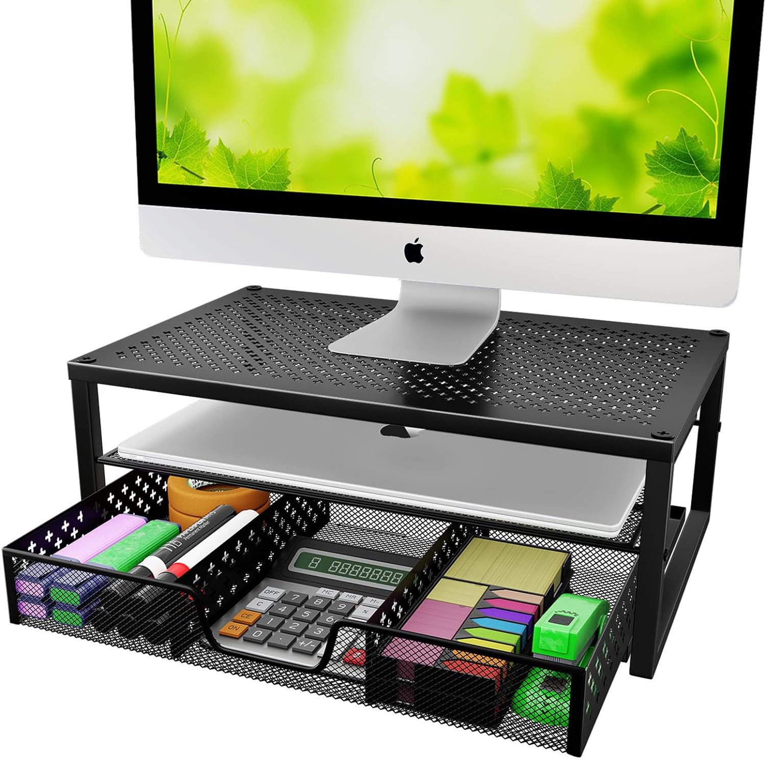 -Metal Monitor Stand Riser and Computer Desk Organizer with Drawer for Laptop, Computer, Imac, Black