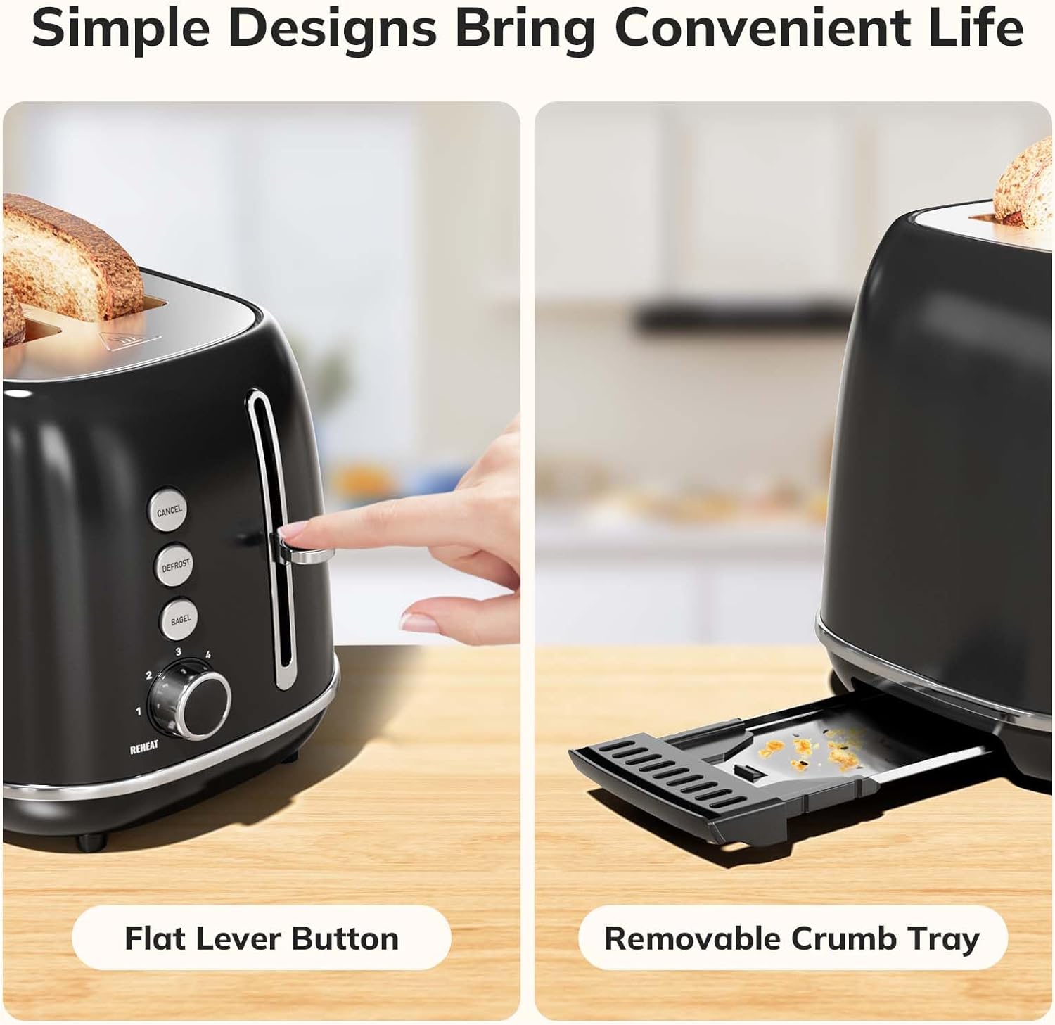 2 Slice Toaster Retro Stainless Steel Toaster with Bagel, Cancel, Defrost Function and 6 Bread Shade Settings Bread Toaster, Extra Wide Slot and Removable Crumb Tray (Black)