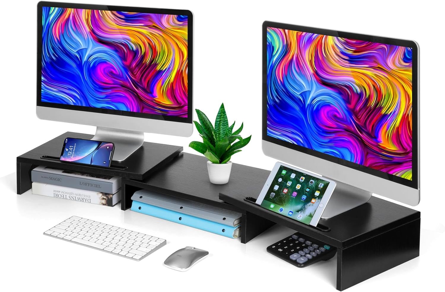 Dual Monitor Stand Riser for 2 Monitors, Monitor Stand for Desk, Adjustable Computer Monitor Stand with 2 Slot, Multifunctional Desktop Organizer Stand for Laptop, PC, Computer, Printer